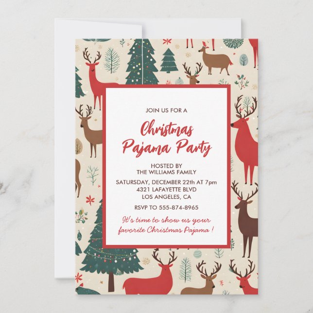 Invitation Fête de Pyjama de Noël Cerf Fantaisiste (Devant)