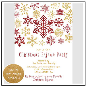 Invitation Fête de Pyjama de Noël Chic Rouge Flocon de Neige