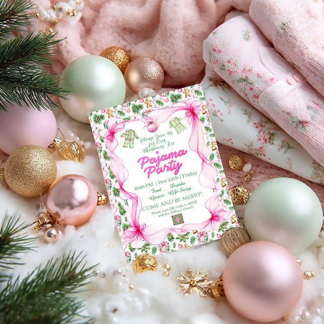 Invitation Fête de pyjama de Noël Coquette Rose et Vert Cozy (Pink and Green Holiday Pajama Party QR Code Invitation )