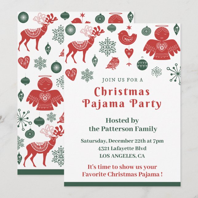 Invitation Fête de Pyjama de Noël Hiver Nordique Mignon (Devant / Derrière)
