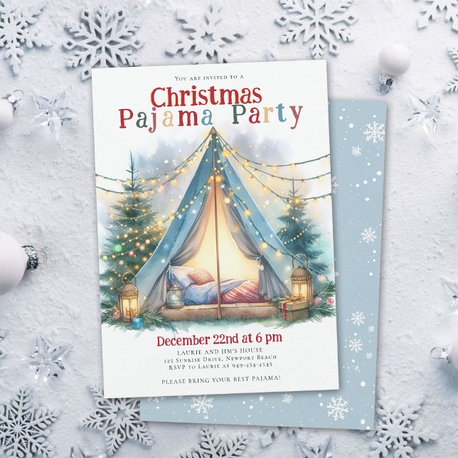 Invitation Fête de Pyjama de Noël Lumières de la tente Aquare (christmas pajama party invitation slumber sleepover tent watercolor twinkle lights happy cute)