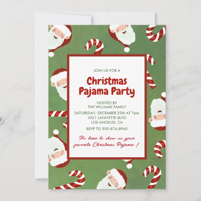 Invitation Fête de Pyjama de Noël Sucre d'Orge Santa Mignon (Devant)