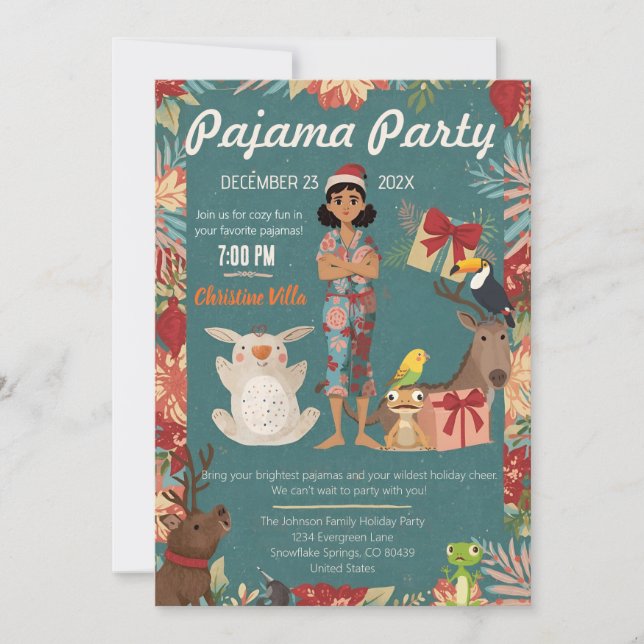 Invitation Fête de pyjama pour enfants Noël Vacances Animaux  (Devant)