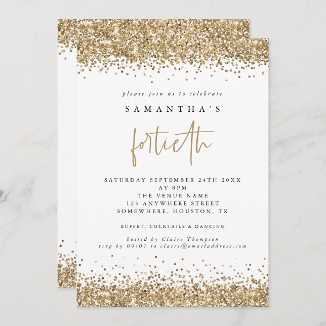 Invitation Fête de quarantième anniversaire Glam Gold Glitter (Devant / Derrière)