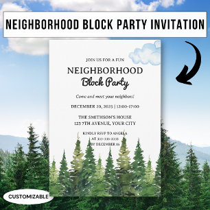 Invitation Fête de quartier au pinceau à l'aquarelle des pins