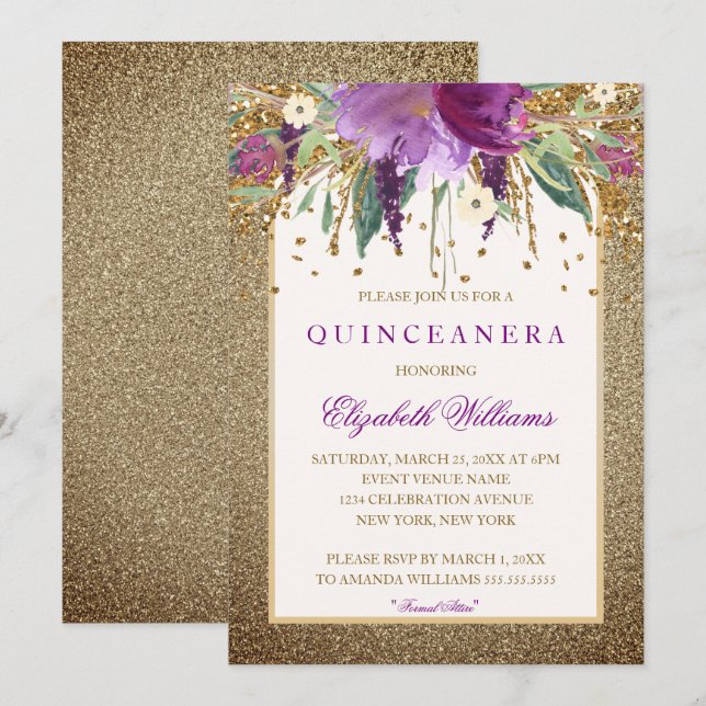 Invitation Fête de Quince ans Améthyste Pailletée  (Devant / Derrière)