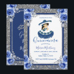 Invitation Fête de Quince ans de roses bleu royal argenté<br><div class="desc">Invitation de Quinceañera bleu royal argenté
Mis Quince Años,  15e anniversaire, </div>