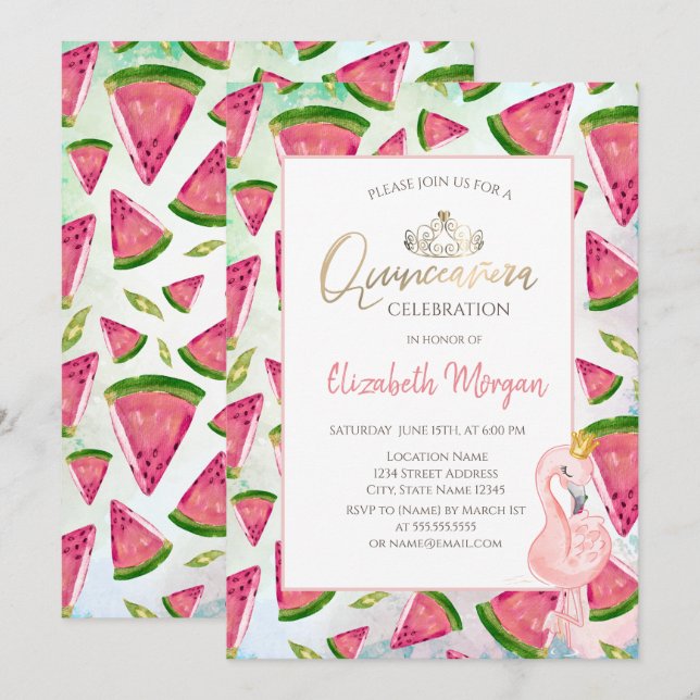 Invitation Fête de quince ans Flamants roses Pastèque (Devant / Derrière)