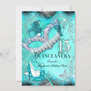Invitation Fête de quince ans Mascarade Argent Sarcelle Anniv