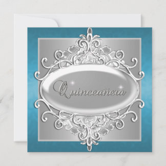 Invitation Fête de Quinceañera 15 ans argent paillettes bleue