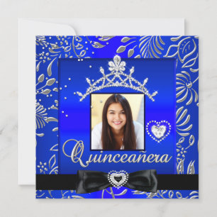 Invitation Fête de Quinceanera 15 ans Photo Bleu Argent Damas
