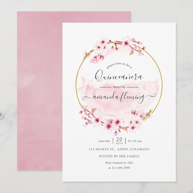 Invitation Fête de Quinceañera à fleurs roses géométriques de (Devant / Derrière)