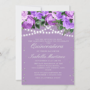Invitation Fête de Quinceañera à paillettes argentées et fleu