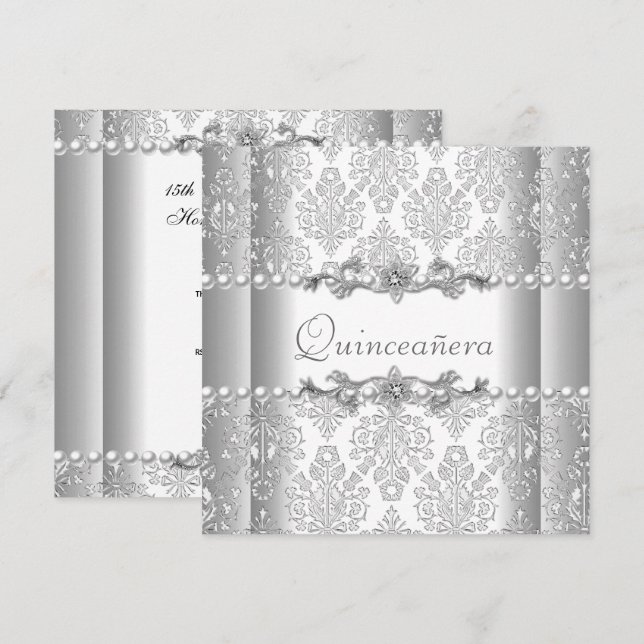 Invitation Fête de Quinceañera Argent Perle Blanc Dentelle (Devant / Derrière)