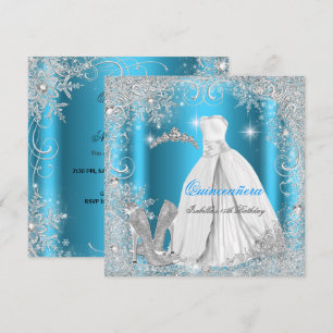 Invitation Fête de Quinceañera Bleu Argent Hiver Flocons de N