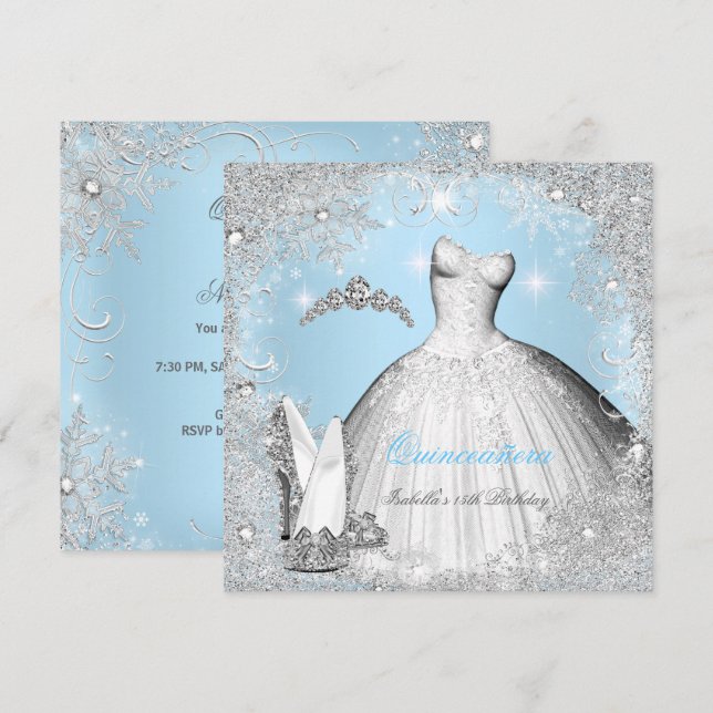 Invitation Fête de Quinceañera Bleu Flocons d'Argent (Devant / Derrière)