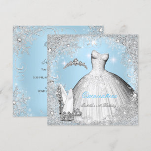 Invitation Fête de Quinceañera Bleu Flocons d'Argent