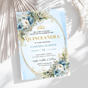 Invitation Fête de Quinceañera bleu pastel doré en fleurs