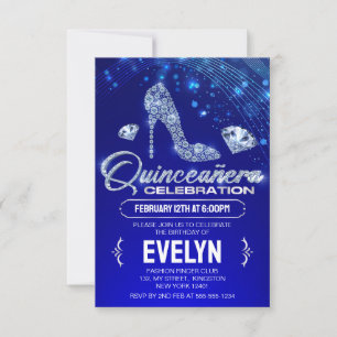 Invitation Fête de Quinceañera Bleu Royal Diamant Étincelles