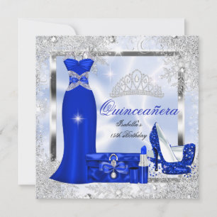 Invitation Fête de Quinceañera Bleu Royal Flocons de Neige Ar