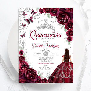 Invitation Fête de Quinceañera Bourguignon Floral Argenté