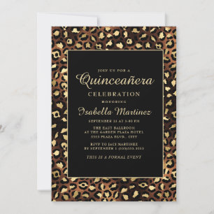 Invitation Fête de Quinceañera Bronze Noir Or Léopard