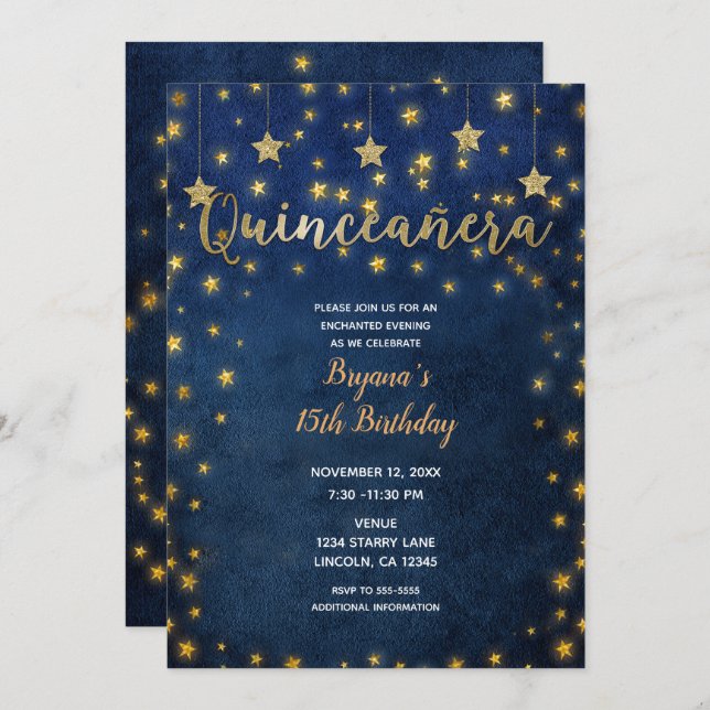 Invitation Fête de Quinceañera Ciel Céleste Étoiles Bleues et (Devant / Derrière)
