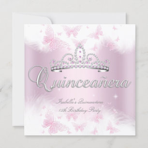Invitation Fête de Quinceanera Couronne Papillon Rose Blanc
