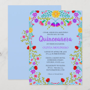 Invitation Fête de Quinceañera Fleurs Mexicaines Bleu Clair A