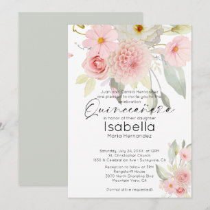 Invitation Fête de Quinceañera Florale Aquarelle Rose Pâle Ru