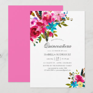 Invitation Fête de Quinceañera florale bohème chic aquarelle 
