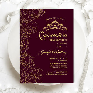 Invitation Fête de Quinceanera Florale Bourguignon Doré