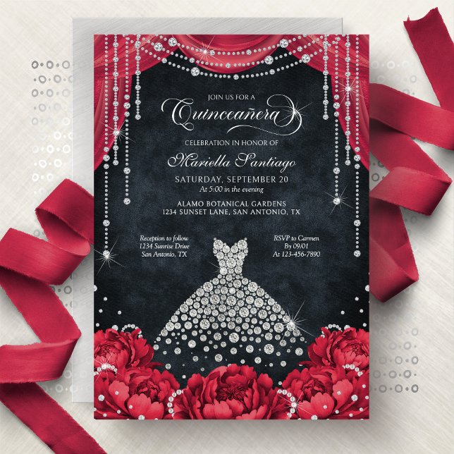 Invitation Fête de Quinceañera florale diamantée rouge et noi (Créateur téléchargé)