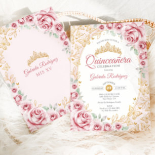 Invitation Fête de Quinceañera florale en or rose