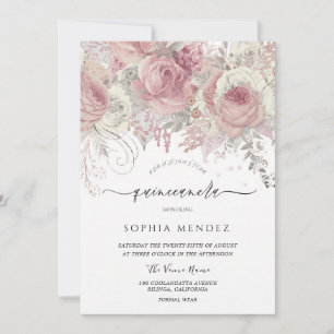 Invitation Fête de Quinceañera Florale Enchantée Silver Blush