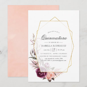 Invitation Fête de Quinceañera florale géométrique prune et r