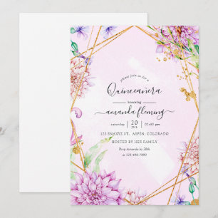 Invitation Fête de Quinceañera florale géométrique violette e