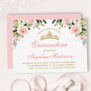 Invitation Fête de Quinceañera florale rose blanc aquarelle