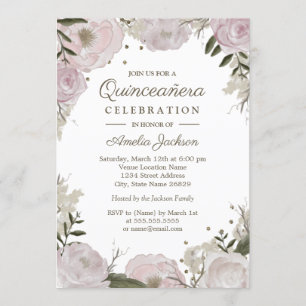 Invitation Fête de Quinceanera Florale Rose Pailletée Or