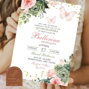 Invitation Fête de Quinceanera Florale Rose Pâle Papillon