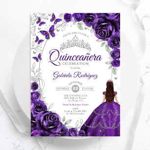 Invitation Fête de Quinceañera Florale Violette Argentée