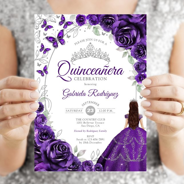 Invitation Fête de Quinceañera Florale Violette Argentée (Créateur téléchargé)