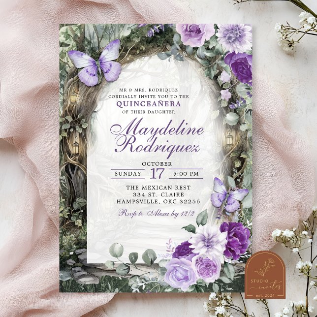 Invitation Fête de Quinceanera Forêt Fantaisiste Violette  (Créateur téléchargé)