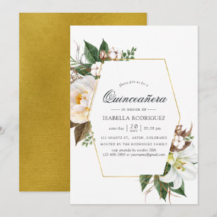 Invitation Fête de Quinceañera géométrique florale en or