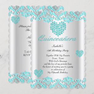 Invitation Fête de Quinceanera Jolis Cœurs en Dentelle Bleue 