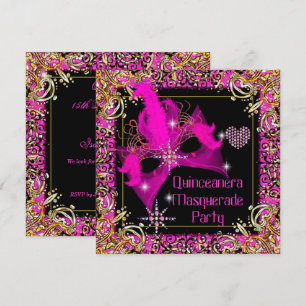 Invitation Fête de Quinceanera Mascarade Or Rose Chaud Noir