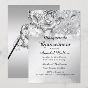 Invitation Fête de Quinceañera Mascarade Pailletée Argentée