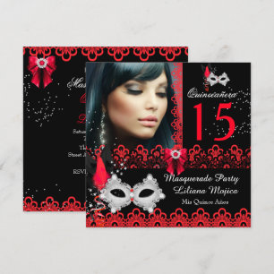 Invitation Fête de Quinceañera Mascarade Robe Rouge en Dentel