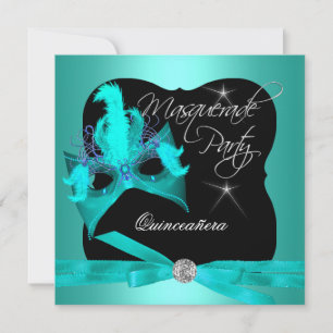 Invitation Fête de Quinceanera Masquerade Bleu Canard Noir