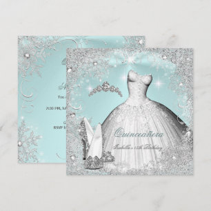 Invitation Fête de Quinceañera Menthe Bleu Flocons d'Argent